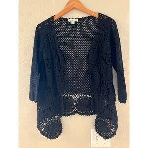 Granny Square Hem Coldwater Creek Black Cotton Crochet Cardigan Boho Floral M